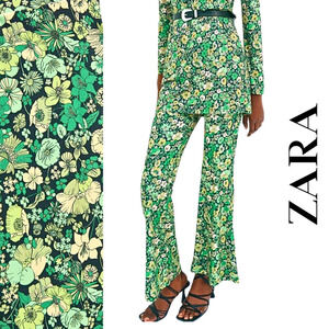 ZARA NWT Green Floral Printed Flowing‎ Mod-Style Pull-On Flared Pants Small 4-6